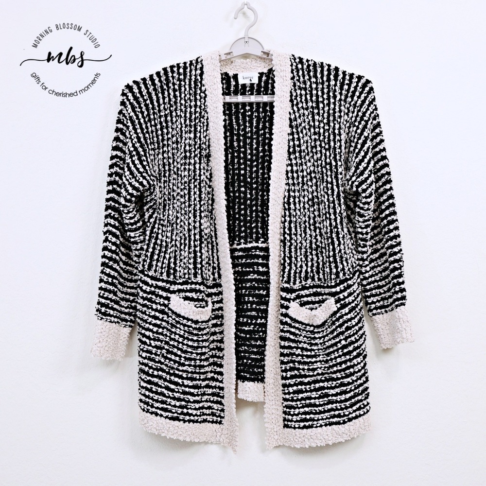 NWOT Korye Popcorn Knit‎ Striped Scandi Open Cardigan Black White Women 1XL